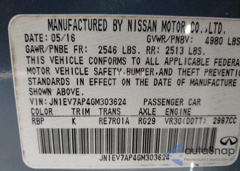 2016 Infiniti Q50 3.0T Premium из США, поврежденный, VIN JN1EV7AP4GM303624